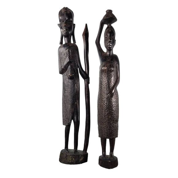VINTAGE African Carved Ebony Statues 13" Warrior & Village Woman Tribal Folkart - Picture 1 of 10